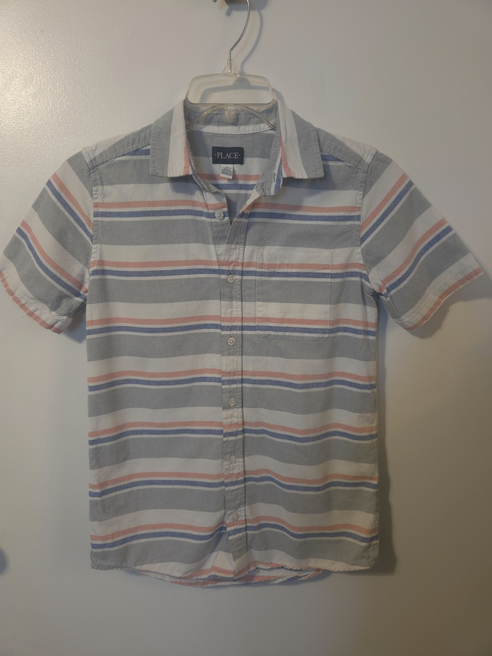 Place Short-Sleeve Striped Button-Down Shirt in White, Gray, Blue, and Pink